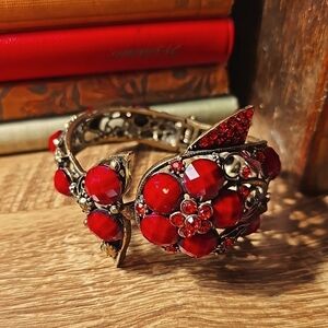 Antique Brass Red Rhinestone Dolphin Hinge Bracelet